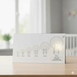 A comparison chart illustrating various flange sizes, emphasizing the larger options necessary when choosing a breast pump for large breasts.