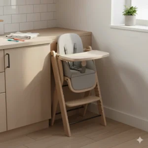 Slim, foldable high chair for small spaces shown in a kitchen corner.