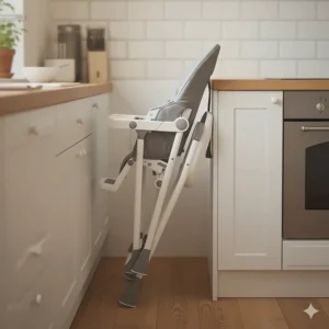 Side view of a folding high chair completely folded for small spaces and easy storage.