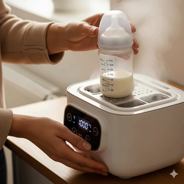 A close-up of a parent using a frozen breast milk warmer to thaw and gently heat a bottle of breast milk.