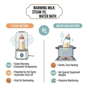 Infographic illustrating the pros and cons of steam and water bath methods for warming milk in glass baby bottles.
