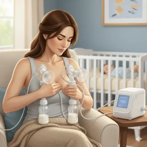 Demonstrating the hands-on pumping technique with a breast pump to ensure better breast emptying for relactation.