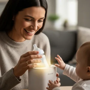 A happy parent smiling while using a portable milk warmer for their baby's bottle, representing positive customer reviews and satisfaction.