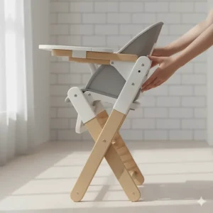 Detail view of a high chair demonstrating its ultra-compact fold mechanism.