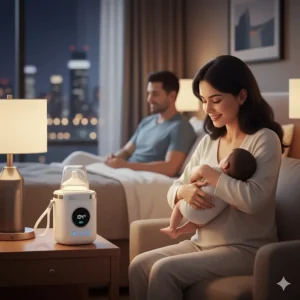 A parent warms a baby bottle using a travel warmer on a hotel nightstand, highlighting its ease of use and portability for overnight stays.