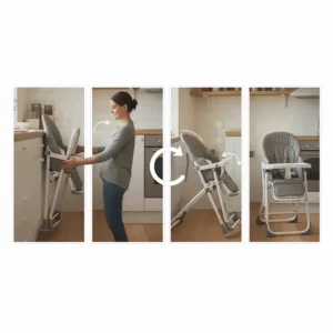 Step-by-step visual of quickly and easily unfolding a folding high chair for immediate use.