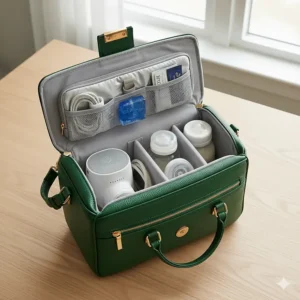 Interior view of a breast pump purse showing padded compartments designed to safely hold a pump, bottles, and accessories.