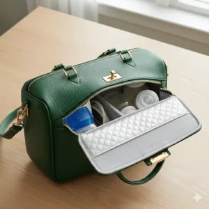 Detailed shot of the insulated cooler pocket inside the breast pump purse for keeping milk fresh while traveling.