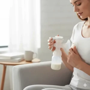 Demonstrating the ergonomic handle and suction of the Lansinoh manual breast pump for quick sessions.