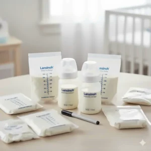 The collection bottles and storage bags included with the Lansinoh SignaturePro breast pump, designed for easy milk storage.