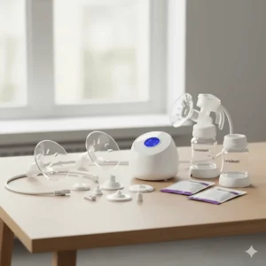 All the essential Lansinoh breast pump parts laid out for cleaning and easy assembly.