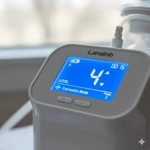 Close-up of the digital screen showing the various suction and expression settings on the Lansinoh pump.