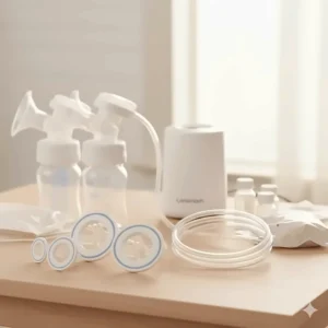 The flanges and tubing of the Lansinoh SignaturePro pump are displayed, showing the different sizes available for a proper fit.