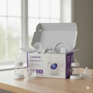 Unboxing the Lansinoh SignaturePro double electric breast pump, showing contents and packaging.
