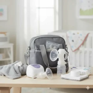 A lifestyle shot of the Lansinoh SignaturePro breast pump with its tote, arranged next to other baby essentials to provide a complete picture of its use.