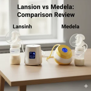 A visual comparison image for a Lansinoh vs Medela breast pump review highlighting key differences.