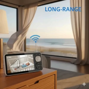 A long-range travel baby monitor is depicted with a signal icon showing strong reception across a large area, like a beach house.