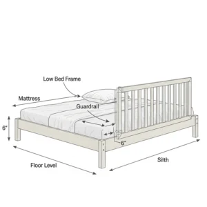 A diagram of the convertible toddler bed in its final, low-profile form, complete with a small side guardrail to prevent a child from rolling out.
