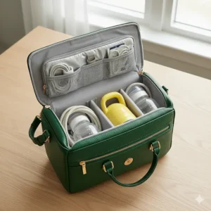 A Medela pump perfectly stored inside the durable and well-organized breast pump purse with space for tubing and flanges.
