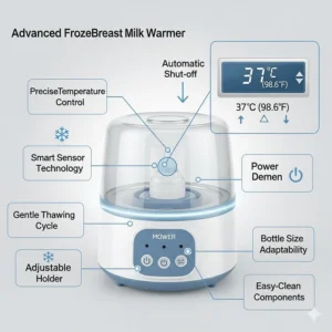 A diagram highlighting the key features of an advanced frozen breast milk warmer, such as temperature control and automatic shut-off.