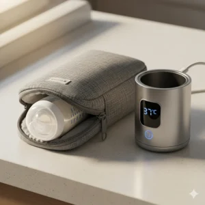 A bottle placed in a specialized insulated bag that accompanies a portable milk warmer, showcasing its ability to maintain warmth.