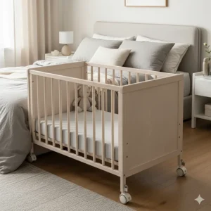 A compact mini crib with wheels, suitable for small apartments or co-sleeping next to a parent's bed.