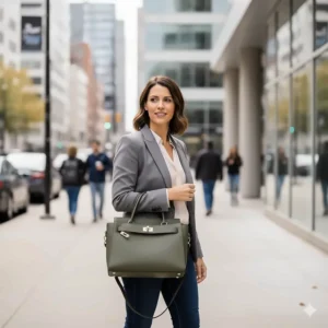Working mother effortlessly carrying a chic breast pump purse as a shoulder bag while on her commute.