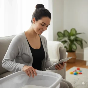 A mother comfortably wearing the discreet Zomee Fit pump under her clothing while multitasking.