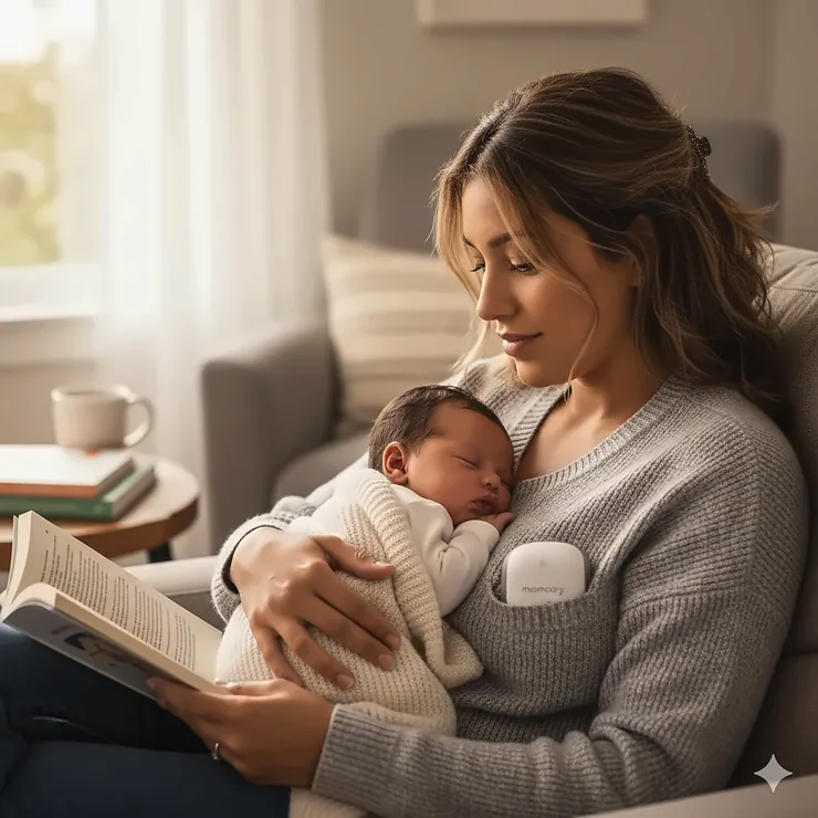 A close-up shot of a mom holding a Momcozy hands-free breast pump with a baby sleeping peacefully nearby. The image captures the convenience and discretion of the pump, illustrating a real-life scenario for a review. momcozy breast pump reviews