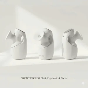 A 360-degree view of the Momcozy M5 wearable breast pump, highlighting its sleek, ergonomic, and discreet design.