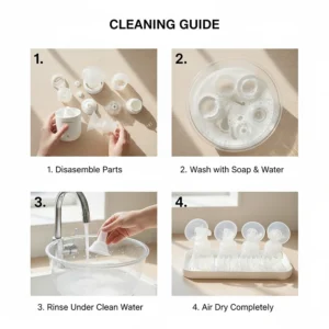 A step-by-step visual guide illustrating how to easily disassemble and clean the Momcozy breast pump parts for sanitation.