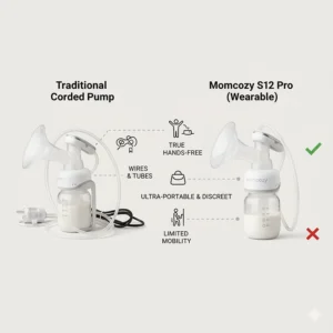 A side-by-side visual comparison of the Momcozy S12 Pro with a traditional, corded breast pump, highlighting the differences in design and portability.