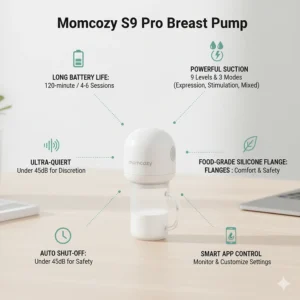An infographic detailing the key features and benefits of the Momcozy S9 Pro breast pump, including its suction levels, modes, and battery life.