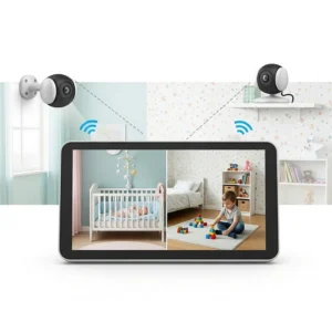 An illustration of a split-screen baby monitor and its two corresponding cameras set up in different rooms. One camera is mounted on a wall in a nursery, and the other is on a shelf in a child's bedroom.