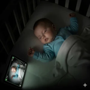 Close-up of a baby sleeping in a dark room, with the image from a travel baby monitor showing clear night vision.