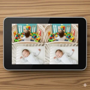 An overhead shot of a split-screen baby monitor displaying four different camera views on a single screen, with two cameras focused on a toddler in a playpen and two cameras on a baby in a crib.