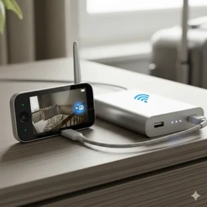 An image of a travel baby monitor being charged or running on a portable battery pack, highlighting its wireless capabilities.