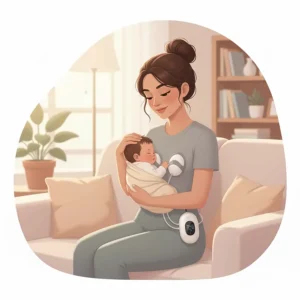 A mother gently holding her baby while using the hands-free Motif Aura breast pump, highlighting the freedom and bonding it allows.