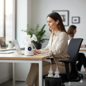 A mother uses the Zomee Z2 breast pump quietly at her desk, demonstrating its portability and convenience for working moms.