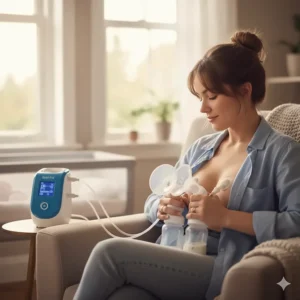 A mother comfortably using her portable Spectra S1 Plus breast pump, demonstrating its quiet and rechargeable convenience.