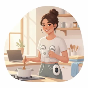 This illustration shows the Motif Aura breast pump's wearable, hands-free design, allowing a mother to multitask while pumping.