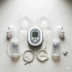 All the essential components of the Motif Duo breast pump, including the motor unit, two 24mm breast shields, two bottles, and two sets of tubing.