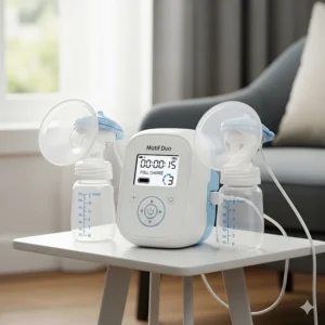 The compact and lightweight Motif Duo breast pump unit with an easy-to-read LCD screen, ideal for on-the-go pumping.