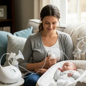 A mother using the Motif Luna breast pump while sitting comfortably on a couch.