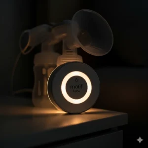 The Motif Luna pump's nightlight feature illuminated in a dim room.