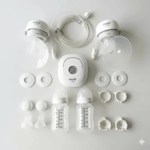 All the components of the Motif Luna breast pump, including flanges, tubing, and bottles, laid out.