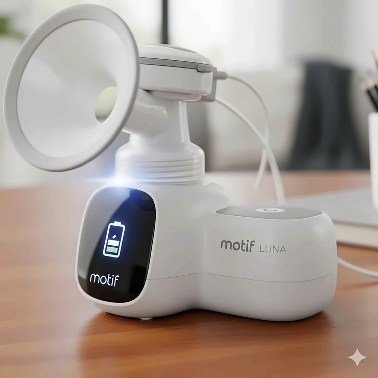 The Motif Luna pump with its rechargeable battery pack, highlighting its portability. motif luna breast pump reviews