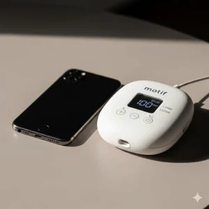The compact and quiet motor of the Motif Luna breast pump, positioned next to a smartphone for size comparison.