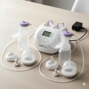Motif Luna double electric breast pump, a popular choice for new moms, shown on a table with its parts.