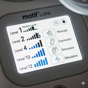 A close-up of the digital display showing the different suction levels and modes on the Motif Luna pump.